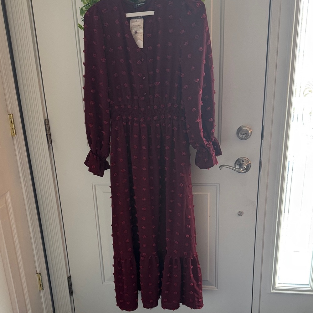 New with Tags Long Sleeve Burgundy Midi Dress with Textured Dot Detail